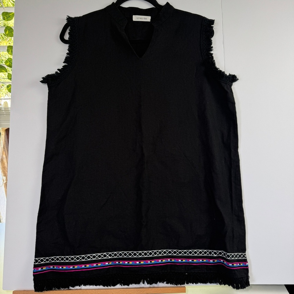 3.3 Field Trip Black Cotton Linen Embroidered Fringe Hem Tunic Top Size Free